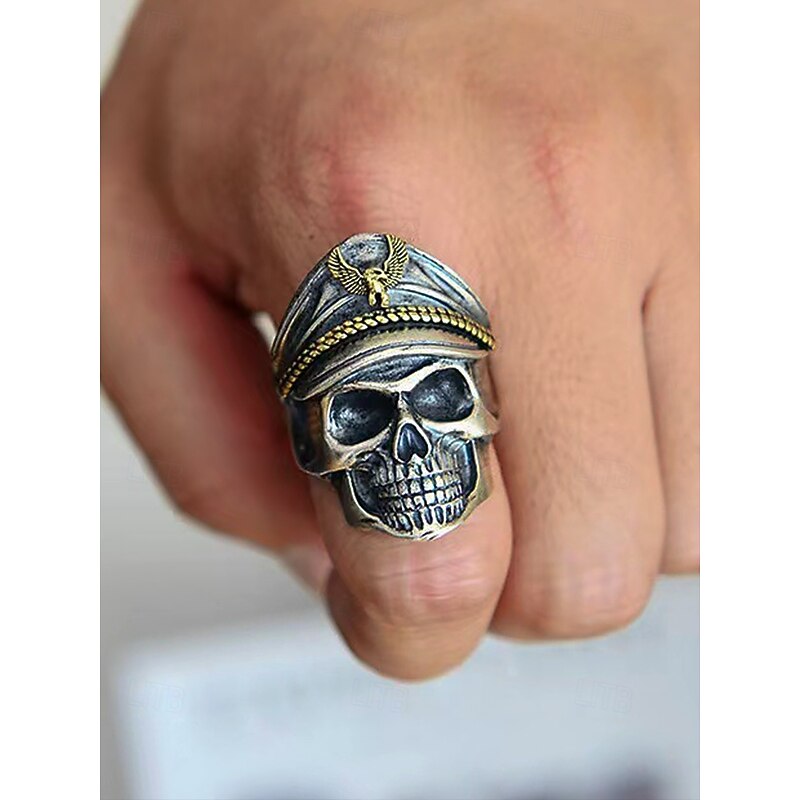 Men's Skull Ring with Officer Hat and Eagle Emblem – Adjustable Alloy Halloween Punk Jewelry for Biker and Gothic Style2