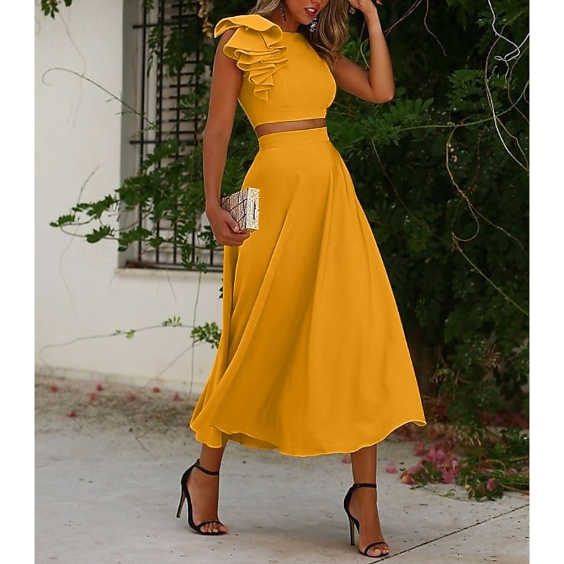 Beach Wedding Two Piece Cocktail Dresses Elegant Dress Graduation Engagement Ankle Length Sleeveless Jewel Neck Fall Wedding Guest Satin with Ruffles Pure Color Dresses