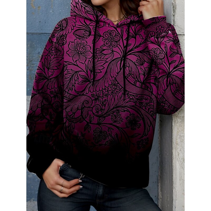 Women's Hoodie Pullover Sweatshirt Oversized Long Sleeve Casual Graphic Floral Paisley Warm Active Hooded Regular Tops Street Dailywear Print Red Purple Green Spring Fall Winter3