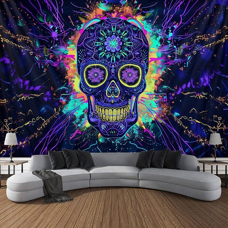 Halloween Blacklight Wall Tapestry – UV Reactive Día de los Muertos Sugar Skulls, Neon Colors Mexican Day of the Dead Theme, Glow in the Dark Wall Hanging for 2025 Halloween Decoration3