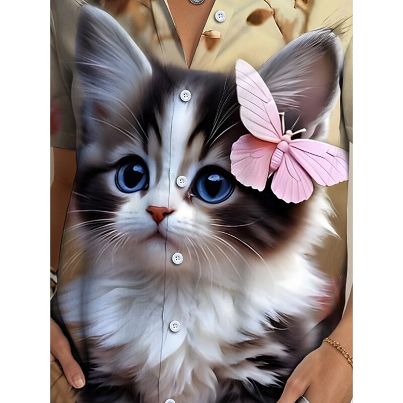 Women's Shirt Long Sleeve Button Down Blouse Graphic Animal Cat Vintage Tropical Daily Sleeveless Short Sleeve Shirt Collar Regular Tops Daily Black Yellow Pink Red Summer Spring3