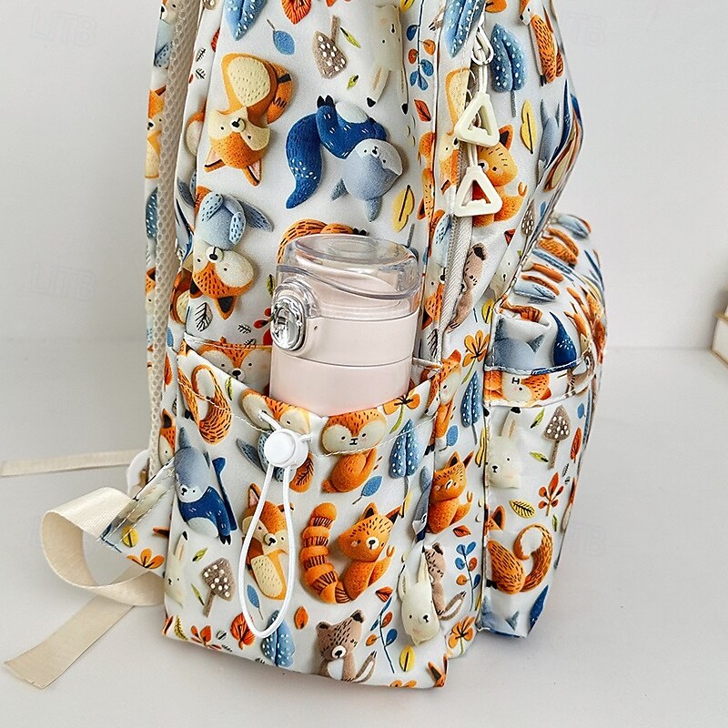 Cute Animal Print Backpack for Girls – Forest Fox and Bear Pattern School Bag with Multiple Pockets for Kids and Teen Students3