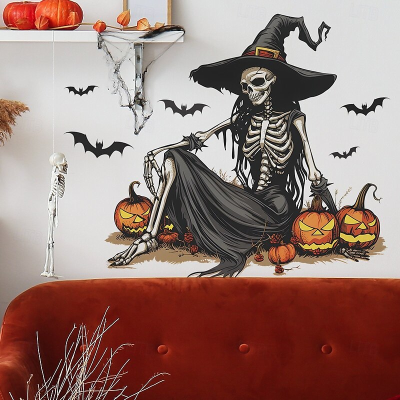 Halloween Witch Skeleton Pumpkin Bat Wall Decals, Self-Adhesive Halloween Stickers for Living Room Entryway Background Wall, Spooky Holiday Wall Decor for Home or Party4