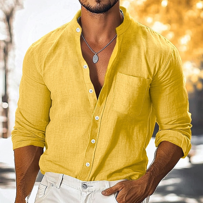 Men's Shirt Linen Shirt Button Up Shirt Plain Vacation Casual Black White Yellow Navy Blue Long Sleeve Turndown Summer Fall Clothing Apparel Buttons