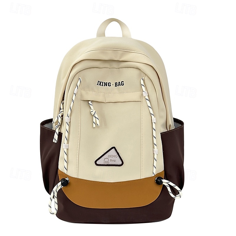 Retro Color Block School Backpack – Unisex Canvas Bookbag with Drawstring Design for Teens, Travel, and Back to School