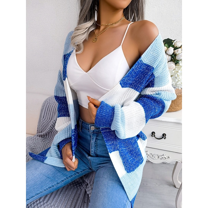 Women's Sweater Cardigan Elegant Fashion Streetwear Striped Pure Color Open Front Knitted Long Sleeve Regular Tops Knit Outdoor Daily Weekend Black Wine Fall Winter4