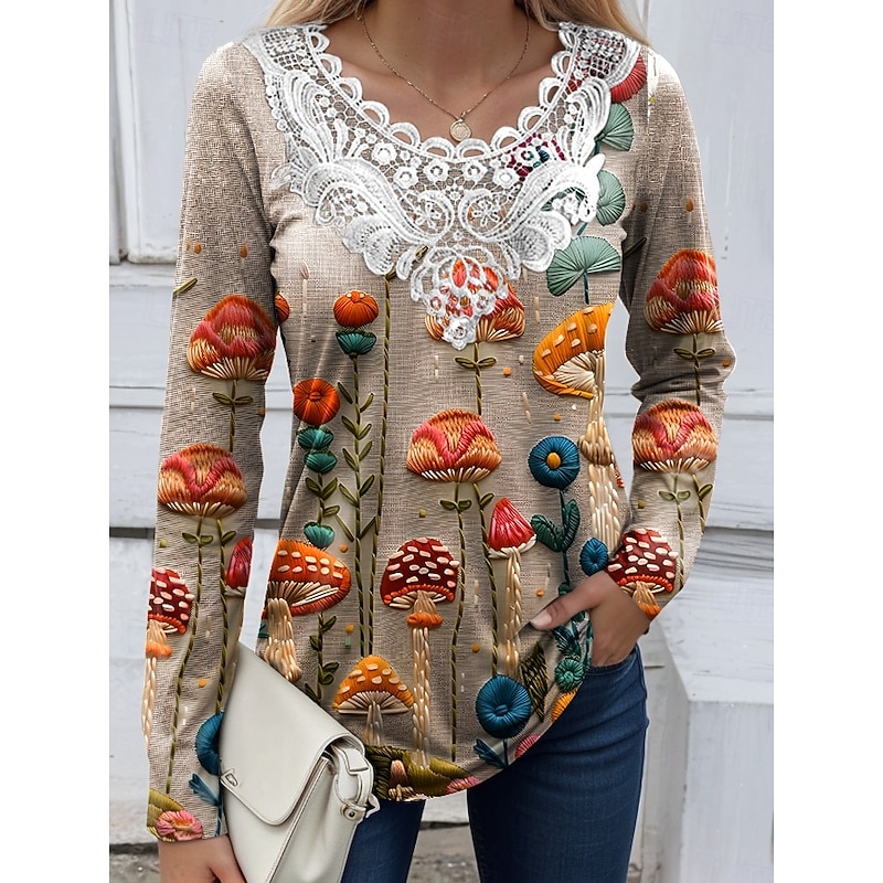 Women's Blouse Tunic Lace Splicing V Neck Long Sleeve Floral Graphic Plants Vintage Casual Crew Neck Tops Daily Going out Weekend Lace Patchwork Print White Pink Purple Green Khaki Fall Prefall - Main Image