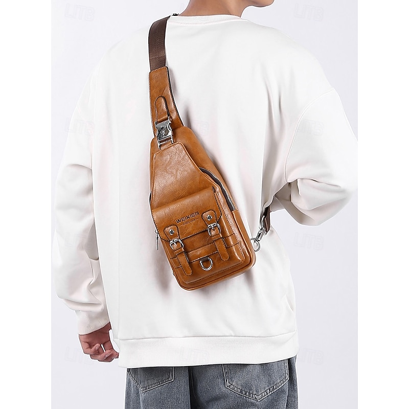 Men's Vintage Faux Leather Sling Bag – Multi-Pocket Crossbody Chest Pack for Casual, Travel and Outdoor Activities3