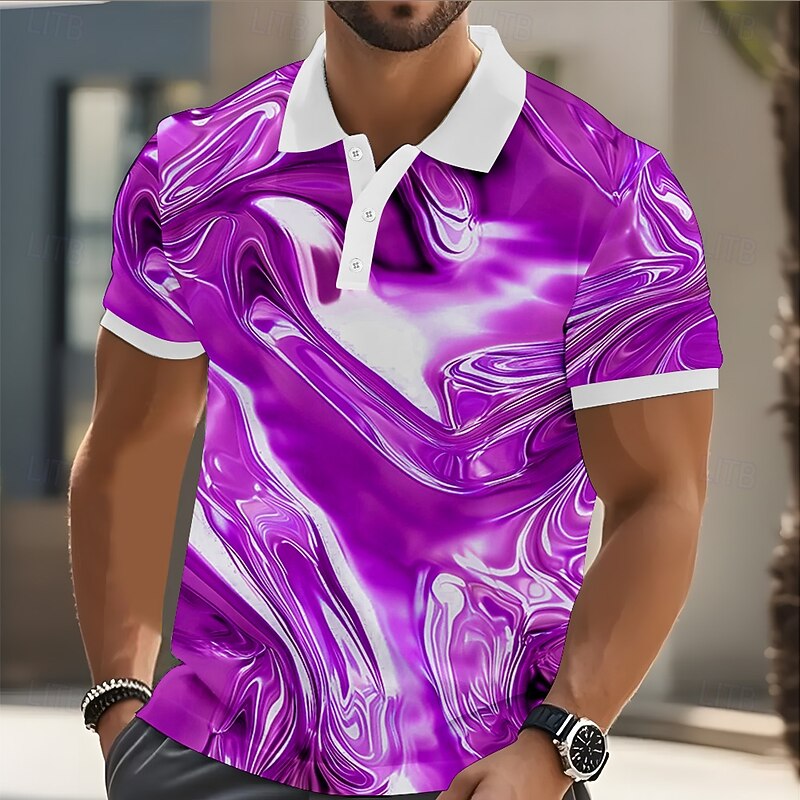 Men's Geometic Marble Polo Short Sleeve Polo Shirts Collared Shirts Casual Athleisure Outdoor clothing Streetwear Buttons Summer Blue Sky Blue Purple3
