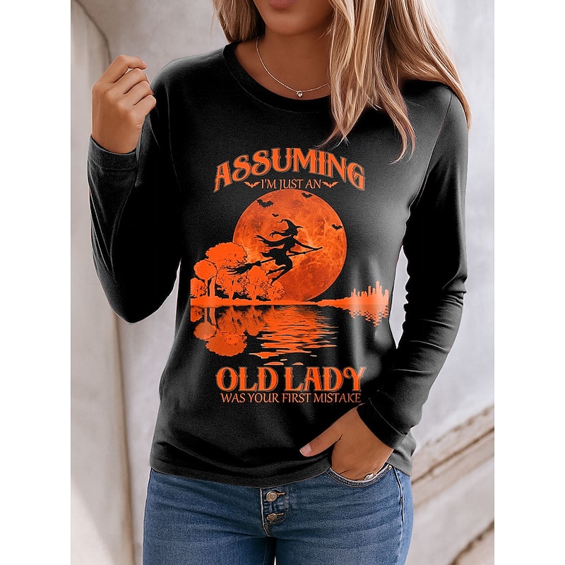 Halloween Women's T shirt Witch Long Sleeve Crew Neck Long Sleeve Tunic Graphic Letter Vintage Stylish Classic Regular Tops Daily Print Yellow Pink Blue Orange Green Spring Fall Prefall4