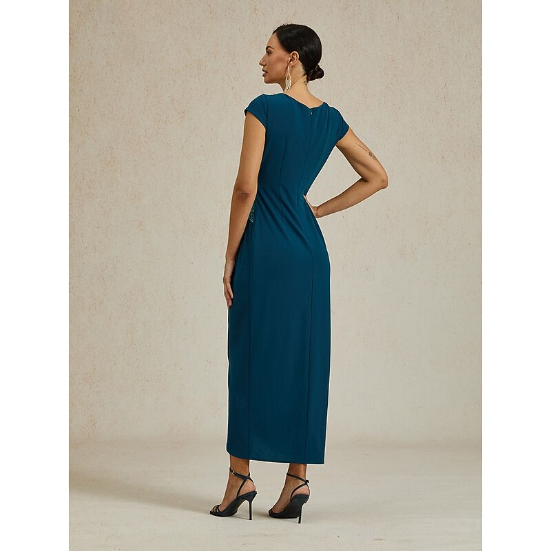 Women's Maxi Dress Sheath Dress Elegant Regular Fit Solid Color Short Sleeve V Neck Ink Blue Summer Spring2