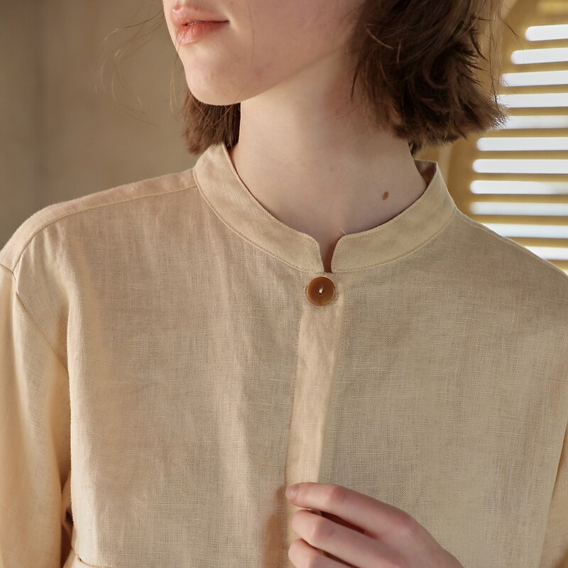 Women's 100% Linen Shirt Solid Color Plain Elegant Vintage Daily Long Sleeve High Neck Regular Tops Work Daily Holiday Pocket Black White Apricot Summer Spring Fall2