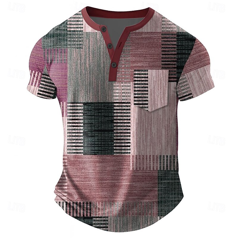 Men's Patchwork T Shirt Henley Shirt Short Sleeve T shirt 3D Print Henley Shirt Designer Retro Vintage Street Casual Daily Pink Blue Green Summer Spring All Seasons Clothing Apparel S M L XL 2XL 3XL3