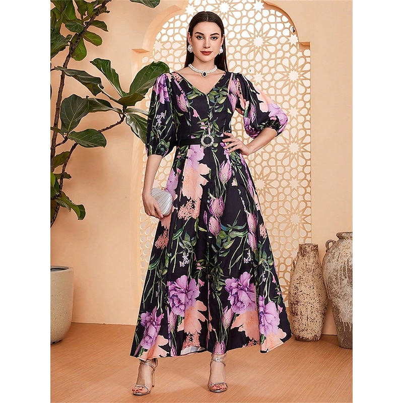 A-Line Mother of the Bride Dress Elegant V Neck Floor Length Chiffon Half Sleeve with Sash / Ribbon Floral Print
