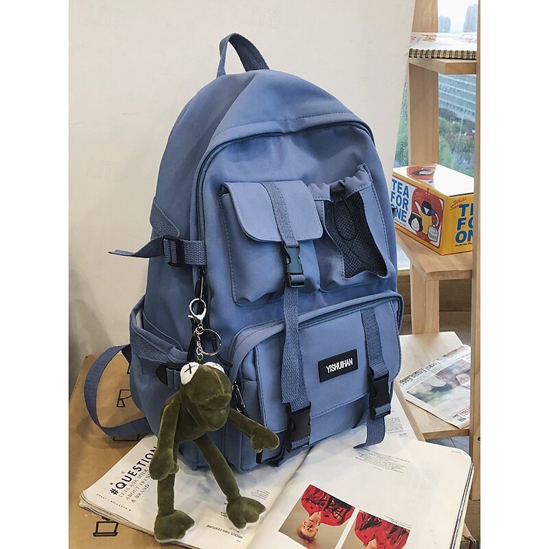 Teen Large Capacity Casual Backpack - Korean Style Multi-Pocket School Bag with Plush Toy Keychain for School, Travel and Outdoor Activities Black White Red3