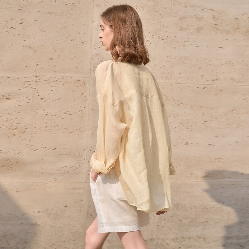 Women's 100% Ramie Shirt Solid Color Elegant Vintage Daily Long Sleeve Shirt Collar Regular Tops Work Daily Holiday Big white Apricot Summer Spring Fall3