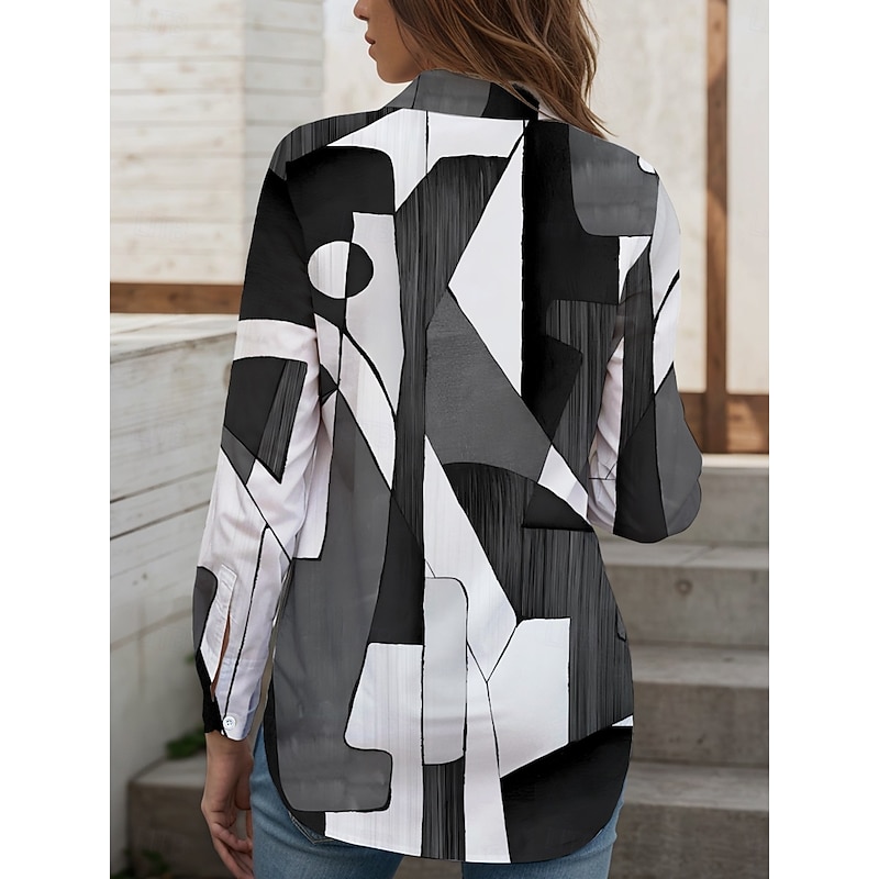 Women's Shirt Button Down Tunic Shirt Collar Long Sleeve Graphic Geometric Abstract Vintage Daily Stylish Regular Tops Work Daily Holiday s Print Black And White Pink Blue Purple Green Spring Fall2