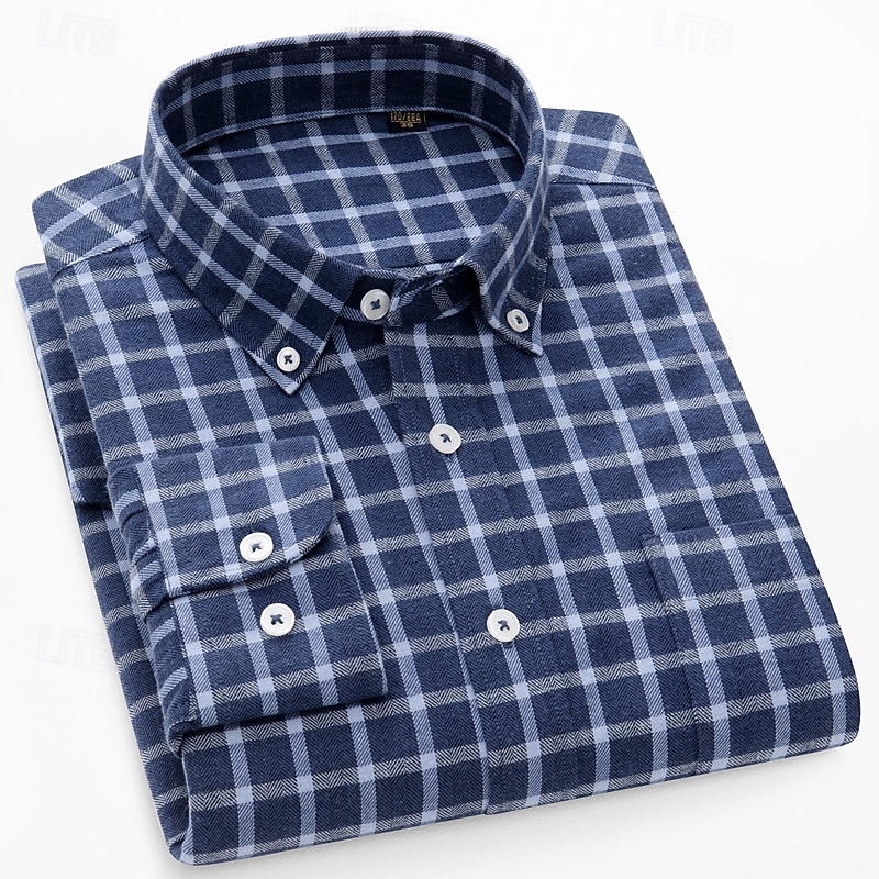 Men's Shirt Dress Shirt Button Down Shirt Plaid Shirt Plaid / Striped / Chevron / Round Daily Wear Corporate Clothing White+khaki Dark Navy Royal Blue Brown Long Sleeve Shirt Collar All Seasons3