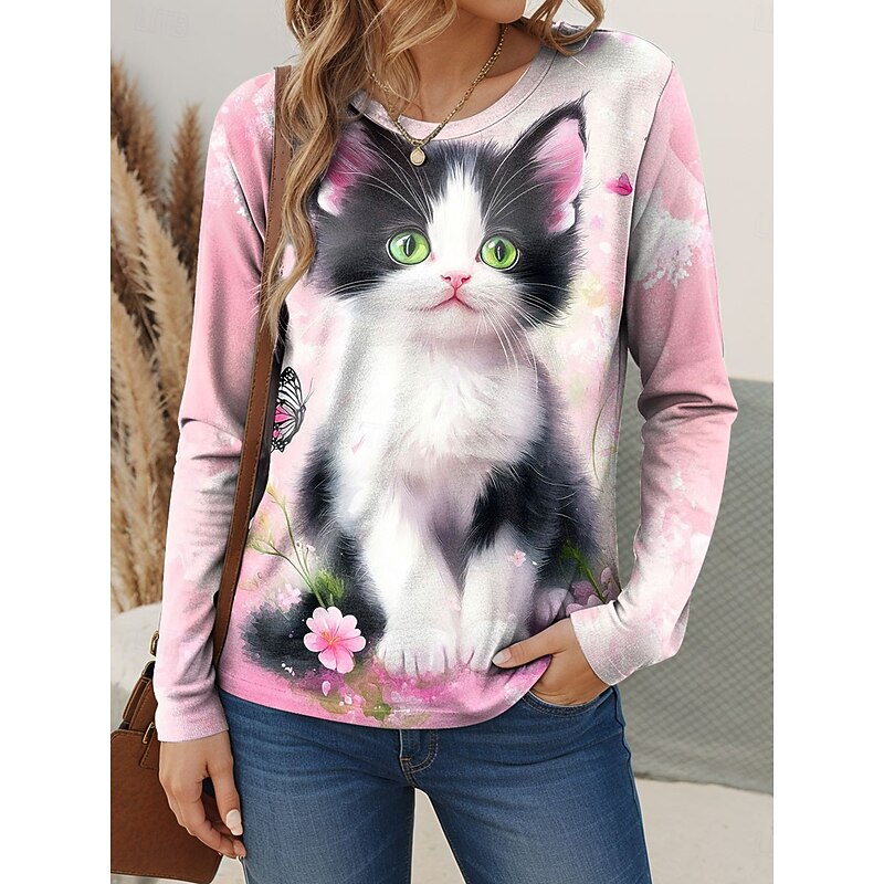 Women's T shirt Crew Neck Long Sleeve Tunic Floral Graphic Cat Vintage Stylish Classic  Regular Tops Daily Weekend Print Pink Blue Purple Green Spring Fall