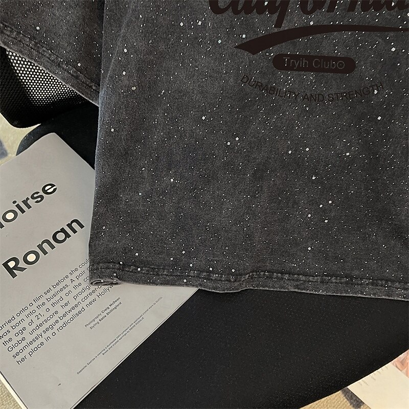 Women's Texture Blouse T Shirt Letter Fashion Modern Short Sleeve Crew Neck Regular Tops Daily Sequins Black Summer4
