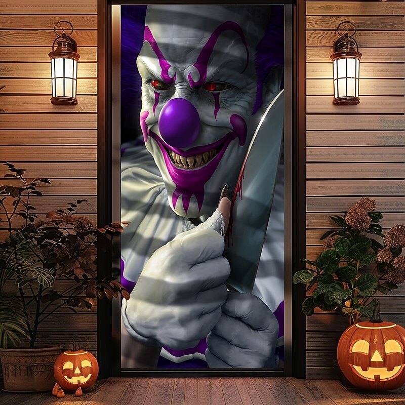 Halloween Door Covers Mischief the Clown by Tom Wood Door Tapestry Door Curtain Decoration Backdrop Door Banner for Front Door Farmhouse Holiday Party Indoor Outdoor Decor Supplies3