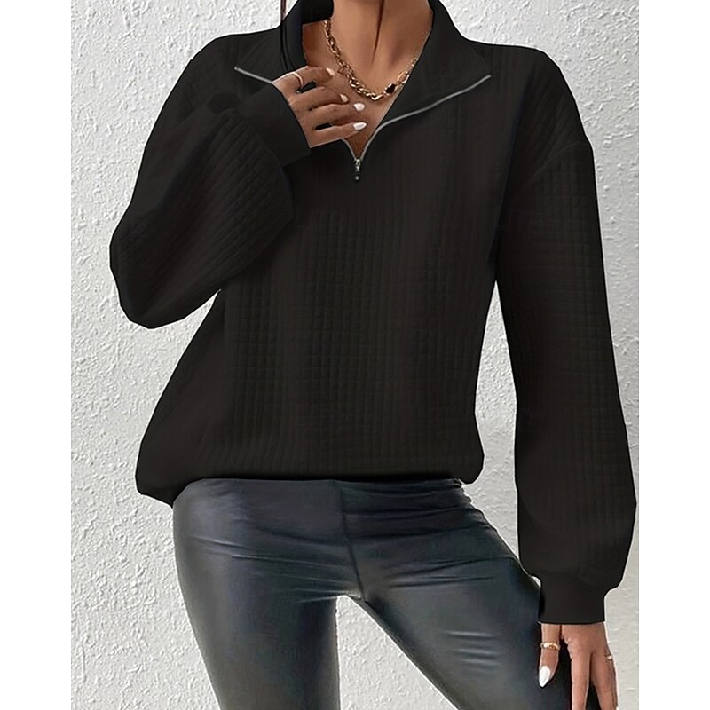 Women's Texture Sweatshirt Pullover Plain Streetwear Casual Comfy Long Sleeve V Neck Regular Tops Street Holiday Going out Half Zipper Quarter Zipper Quarter Zip Black Fall