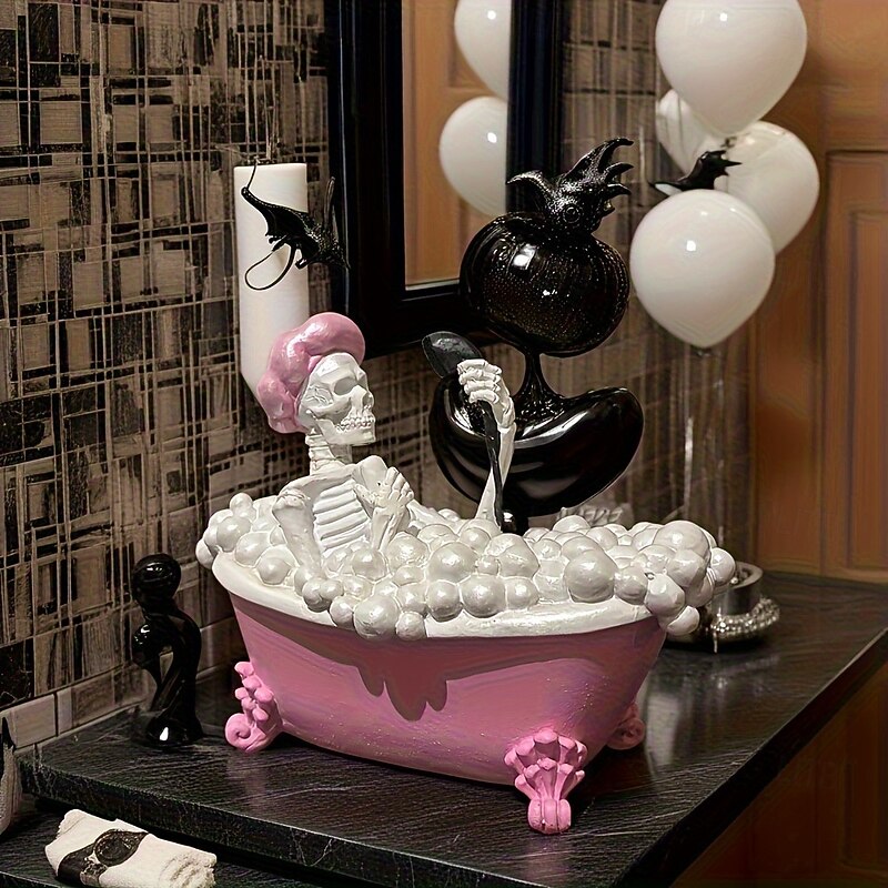 Bathing Pink Bathtub Skeleton Character Statue Resin Gothic Skull Sculpture with Bubble Bath Ornament for Bathroom Home Office Desk Decoration2