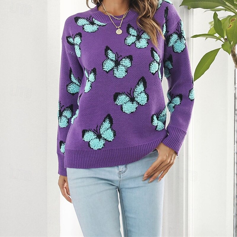 Women's Pullover Casual Butterfly Chunky Crew Neck Knitted Long Sleeve Regular Tops Knit Daily Holiday Going out Blue Purple Fall Winter3