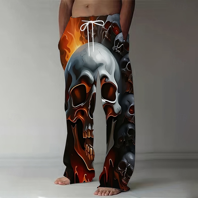Men's Halloween Costumes Skulls Trousers Baggy Pants Casual Pants Mid Waist Dark Gothic Style Holiday Streetwear Elastic Drawstring Waist Linen-Like Pants with Pockets Summer Spring 3D Print Black4