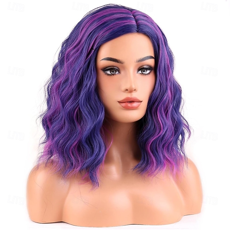 Blue Mixed Pink Wigs for Women Girls Pink and Blue Side Part Short Curly Wavy Wig Shoulder Length Body Wave Halloween Cosplay Daily Party Wigs3