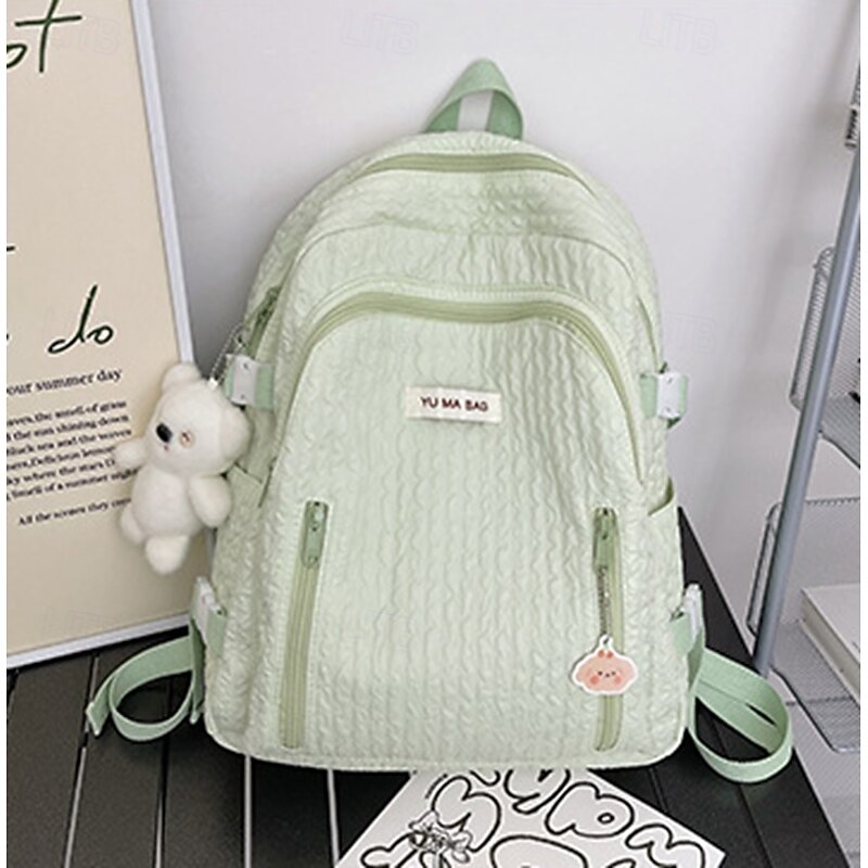 Women's Light Green Textured School Backpack with Cute Teddy Bear Keychain, Large Capacity Lightweight Bookbag for Teen Girls, College, and Casual Daily Use2
