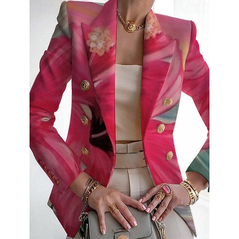 Women's Blazer Comfortable Breathable Pocket Print Casual Floral Office Street Casual Daily Wear Double Breasted Regular Turndown Regular Fit Long Sleeve Outerwear White Red Blue Summer Spring2