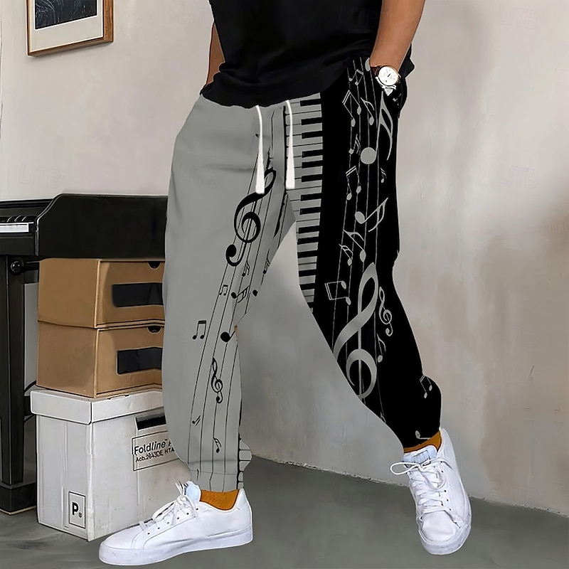 Men's Piano Musical Notes Sweatpants Joggers Trousers Mid Waist Drawstring Elastic Waist Vintage Retro Jogging Streetwear Workout Athletic Sweatpants with Pockets Spring Fall 3D Print White Gray2