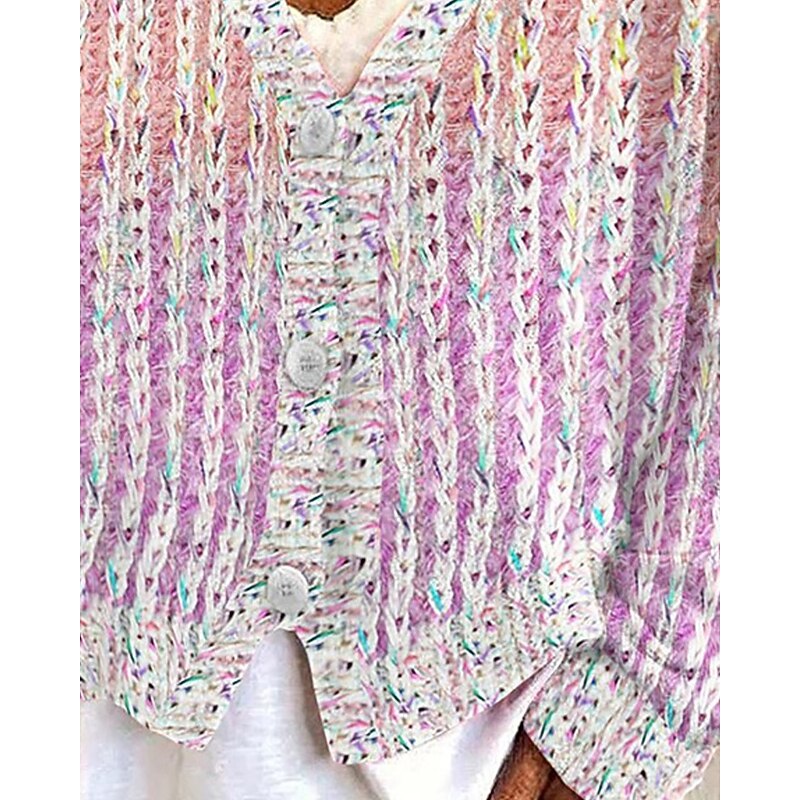 Women's Sweater Cardigan Fashion Streetwear Daily Striped Ribbed V Neck Knitted Print Long Sleeve Regular Tops Knit Holiday Going out Weekend Pink Fall Winter3