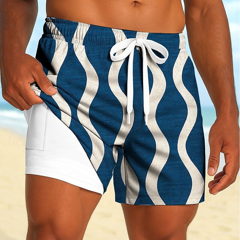Men's Geometric Waves Lined Shorts 2 in 1 Board Shorts Swim Shorts Mid Waist Hawaiian Holiday Side Pockets With Compression Liner Elastic Drawstring Waist Designer Clothing Apparel