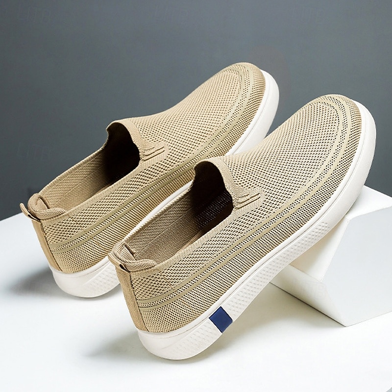 Men's Beige Knit Slip-On Sneakers – Breathable Lightweight Casual Shoes for Summer, Walking and Vacation3