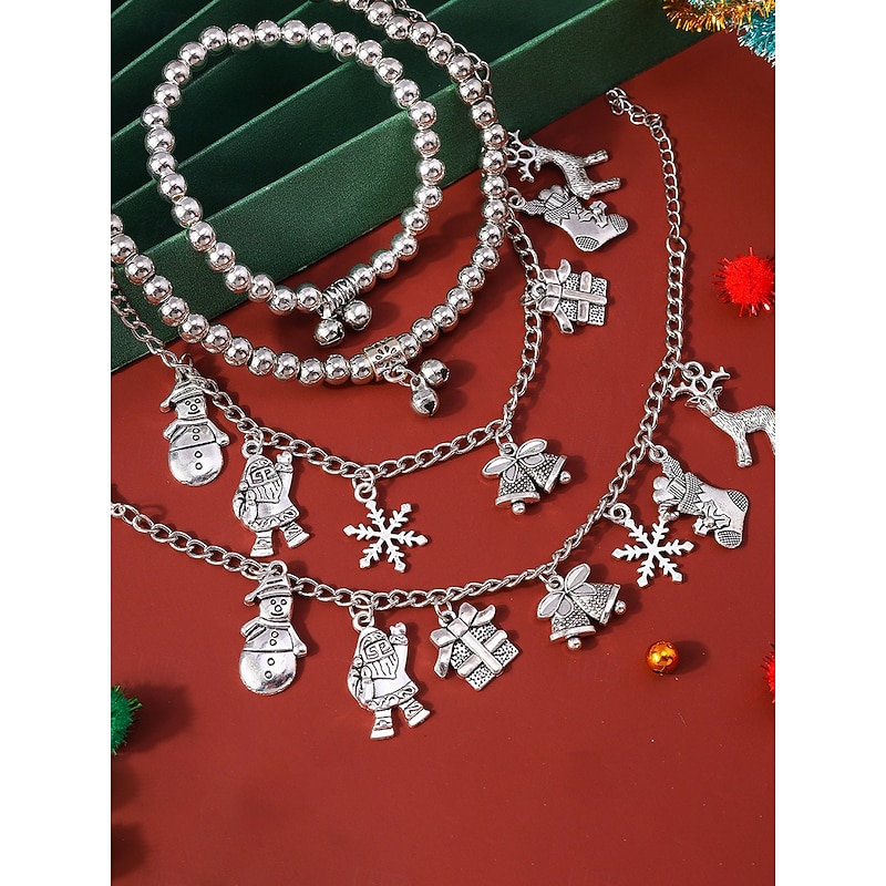 Women's Christmas Charm Jewelry Set with Layered Necklace and Bracelet - Festive Silver-Tone Holiday Style with Snowflake, Bell and Gift Charms for Parties and Christmas Celebrations4