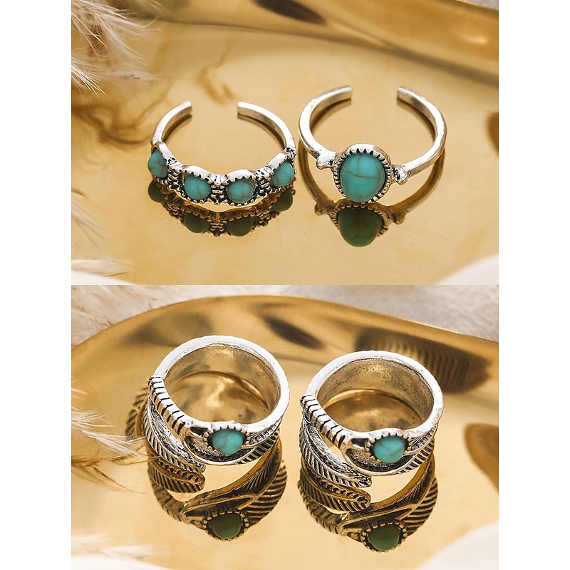 Women's Bohemian Turquoise Ring Set – Vintage Silver Plated Stackable Rings with Blue Stone Details for Parties, Festivals and Everyday Wear4