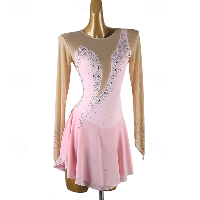 Figure Skating Dress Women's Girls' Ice Skating Dress Black Yellow Pink Mesh Spandex High Elasticity Training Competition Skating Wear Crystal / Rhinestone Long Sleeve Ice Skating Figure Skating4