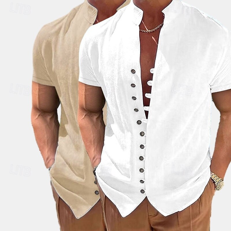 Men's Linen Shirt Summer Shirt Beach Wear Button Up Shirt Plain Vacation Curise White+khaki Khaki+Black Green+Khaki White+Black Short Sleeve Stand Collar Summer Spring & Summer Clothing Apparel2