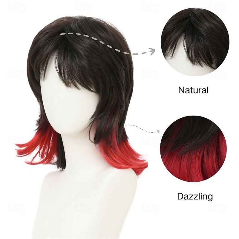 Black Red Mullet Wig for Women Shoulder Length Layered Shaggy Wig with Bangs Synthetic Full Wigs for Cosplay Daily Party Use3