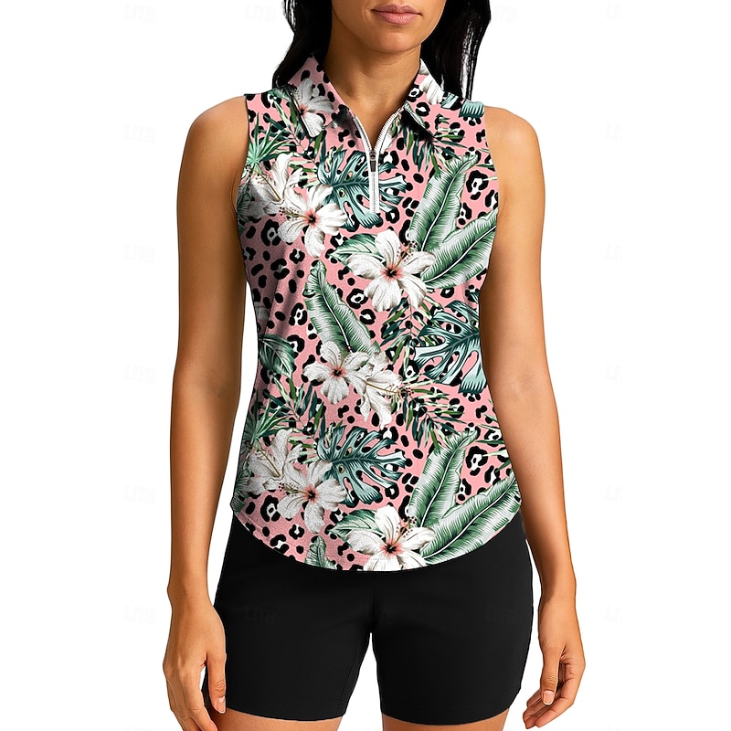 Women's Leopard Floral Tops Sport Shirt Golf Polo Shirt Tennis Shirt Sleeveless Zipper Floral UPF50+ UV Resistant High Elasticity Moisture Wicking Breathable Tennis Pickleball Running Turndown Zip