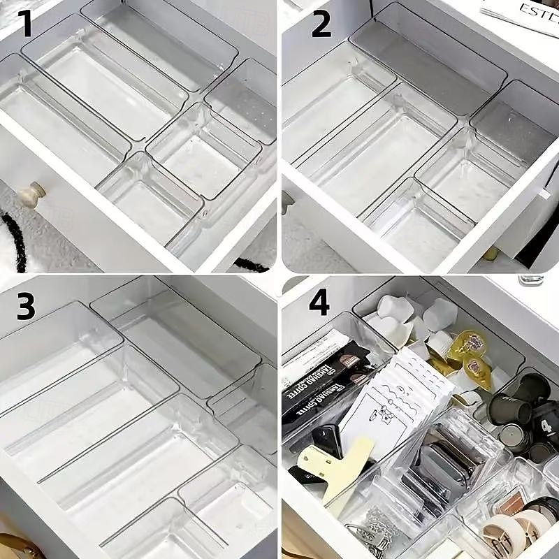 7pcs Clear Plastic Drawer Organizer Set, Stackable Makeup Storage Bins for Cosmetics, Office Supplies, and Desk Organization, Durable Vanity Drawer Dividers, No Assembly Required4