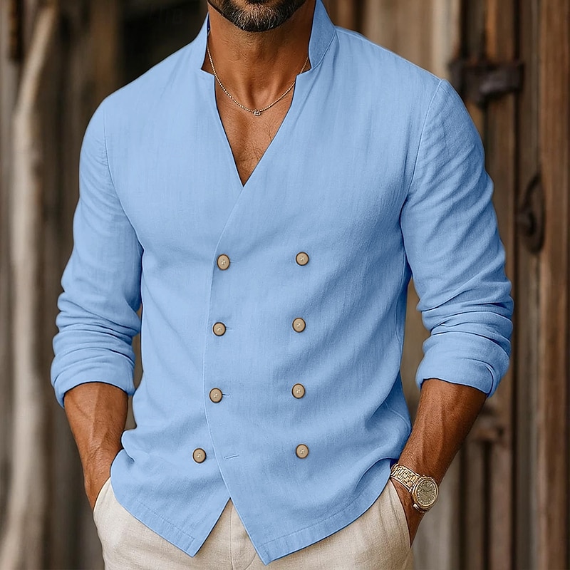 Men's Shirt Linen Shirt Band Collar Shirt Summer Shirt Beach Wear Button Up Shirt Plain Formal Vacation Black White Blue Long Sleeve Mandarin Collar Summer Spring Clothing Apparel4