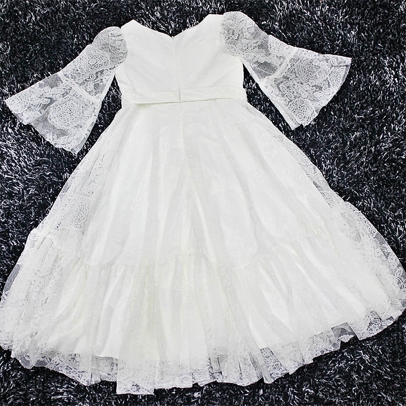 Flower Girl Dress Kid's Girls' Lace Dress Formal Dress Princess Dress First Communion Dress Performance Wedding Party Elegant Beautiful Mesh Solid Color Long Sleeve V Neck Beige 4 years+2
