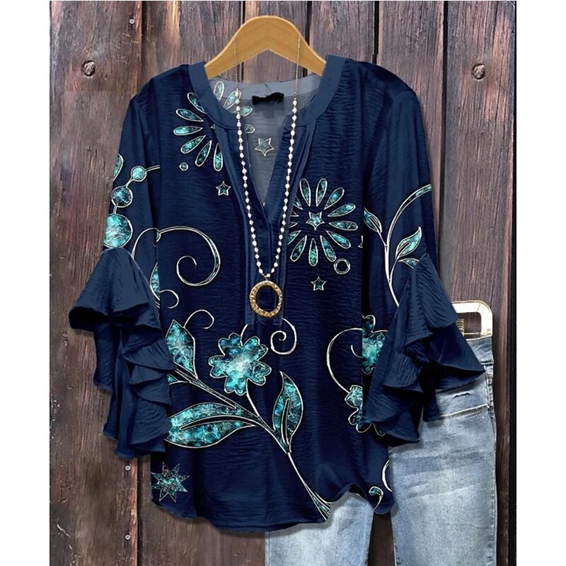 Women's Blouse V Neck Floral Graphic Elegant Bohemia Ethnic 3/4 Length Sleeve Regular Tops Daily Holiday Vacation Wear Ruffle Print Royal Blue Blue Light Purple Khaki Summer Spring Fall