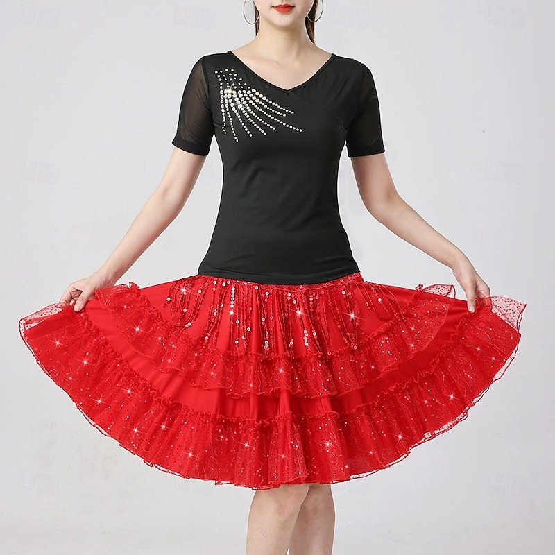 Latin Dance Skirts Pure Color Splicing Sequins Women's Performance Training Short Sleeve High Polyester4