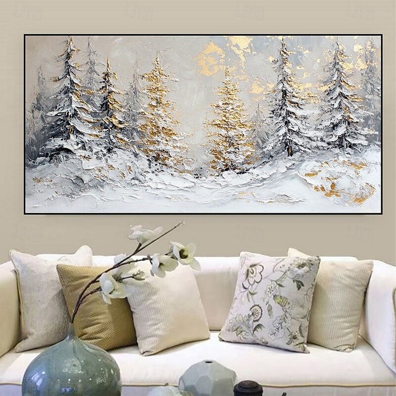 Handmade Oil Painting Canvas Wall Art Decoration Modern Golden Abstract Texture  Cedar Landscape for Living Room Home Decor Stretched Frame Hanging Painting/Rolled Canvas (No Frame)4