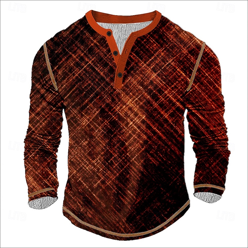 Men's Geometric Henley Shirt Waffle T Shirt Long Sleeve Vintage Daily Retro Vintage Sports Outdoor Casual Holiday Spring & Summer All Seasons Dark Brown Blue Burgundy Henley Henley T-Shirt