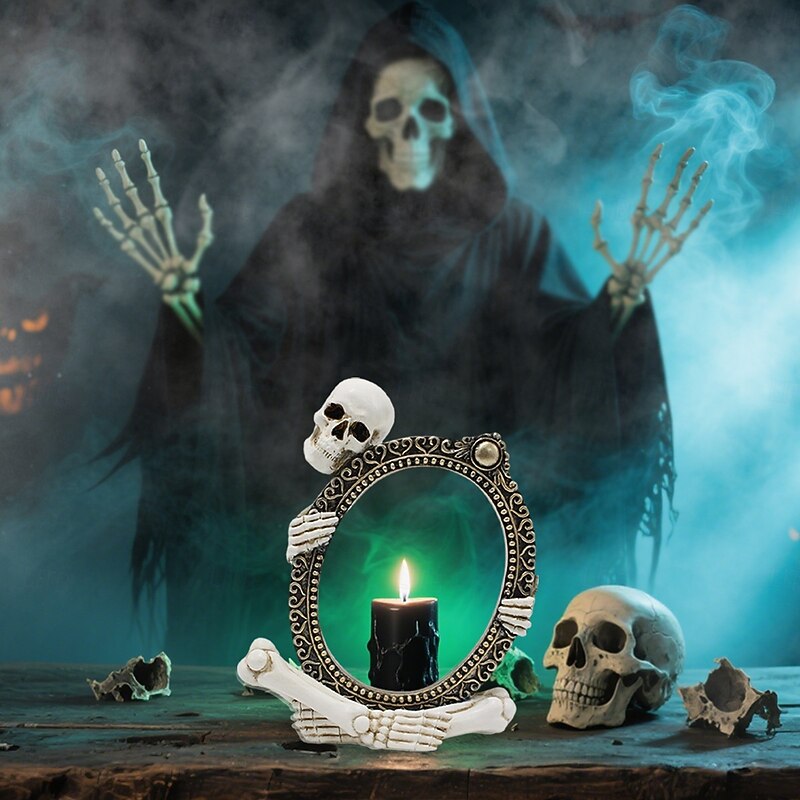 Halloween Resin Skeleton Mirror Frame Figurine, Spooky Decoration for Garden, Yard, Planter, and Home Display, Ghost Festival Ornament2